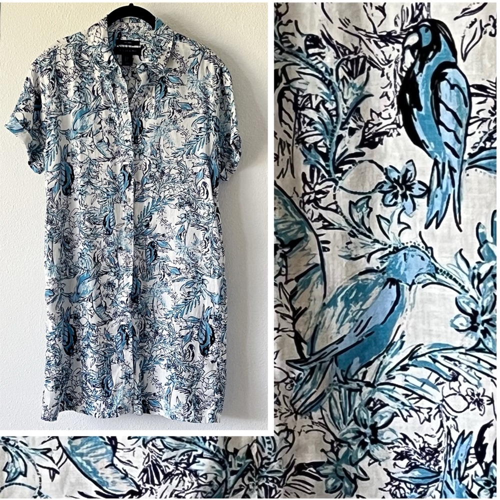 Woman's Tahari Linen Shirt Dress with Pockets Size Small Birds Blue Short Sleeve